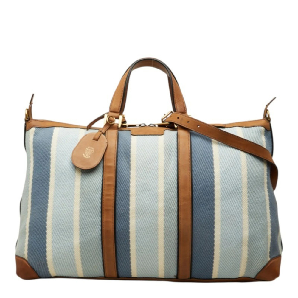 Gucci Boston Bag Shoulder Weekender 2-way Stripe 312048 Blue Canvas Leather W...